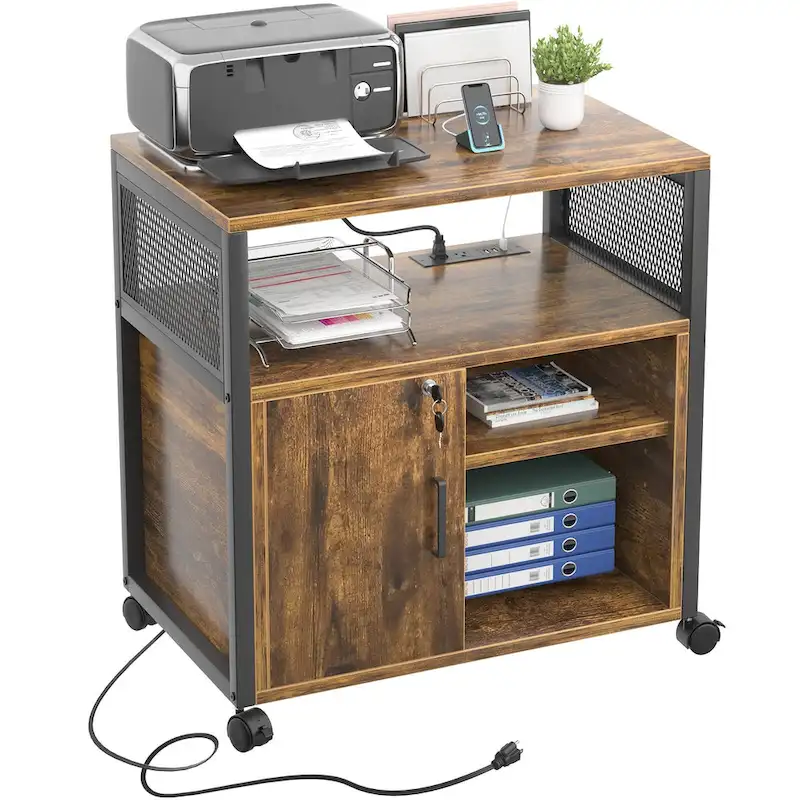 Rolling File Cabinet Lateral Office Filing Cabinets with Charging Station,Modern Printer Stand on Wheels