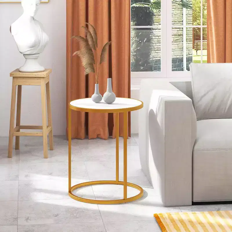 Costway 2PCS Marble Top Round Side Table 19.5x19.5 End Table w/Golden Metal Frame Gold