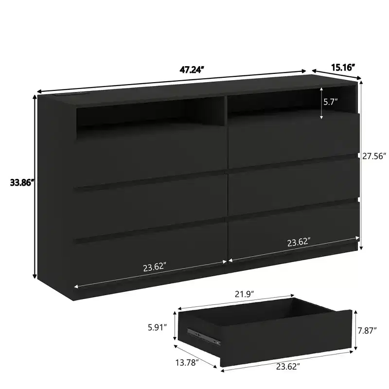 Modern Dresser 6 Drawer Dresser for Bedroom with LED Lights/Power Outlet,Double Wide Drawer Storage Organizer TV Stand for Living Room