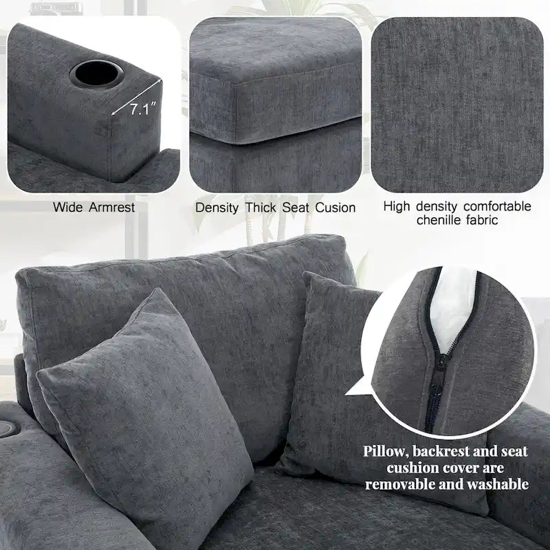 43.5 Chenille Fabric Chaise Lounger Sofa Couch with Pillows, Charge Station & Cup Holders