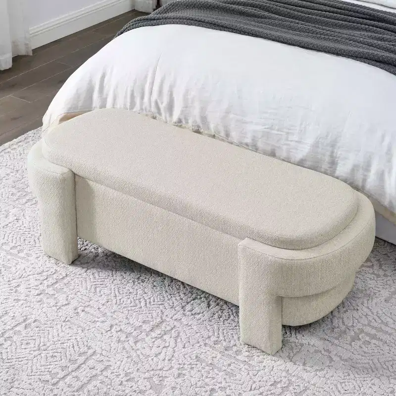 Linen Upholstered Storage Bench with Carved Wood Legs & Hidden Compartment, 51.5