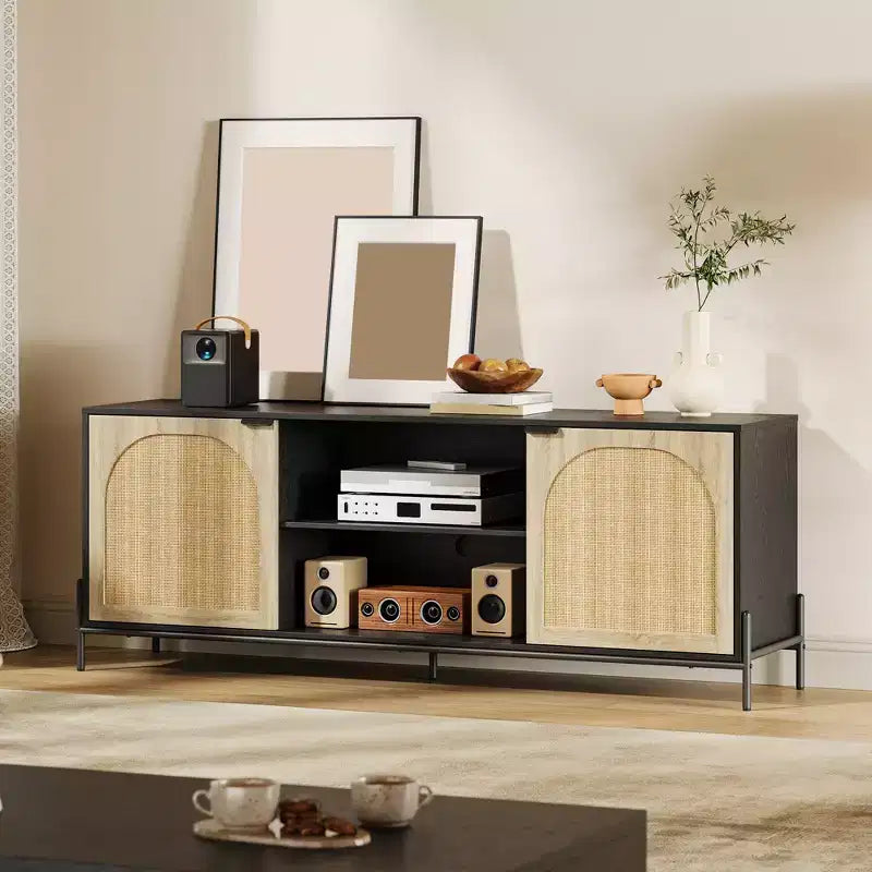 TV Stand with 3 Drawers - Rattan Media Console with Metal Legs, Black