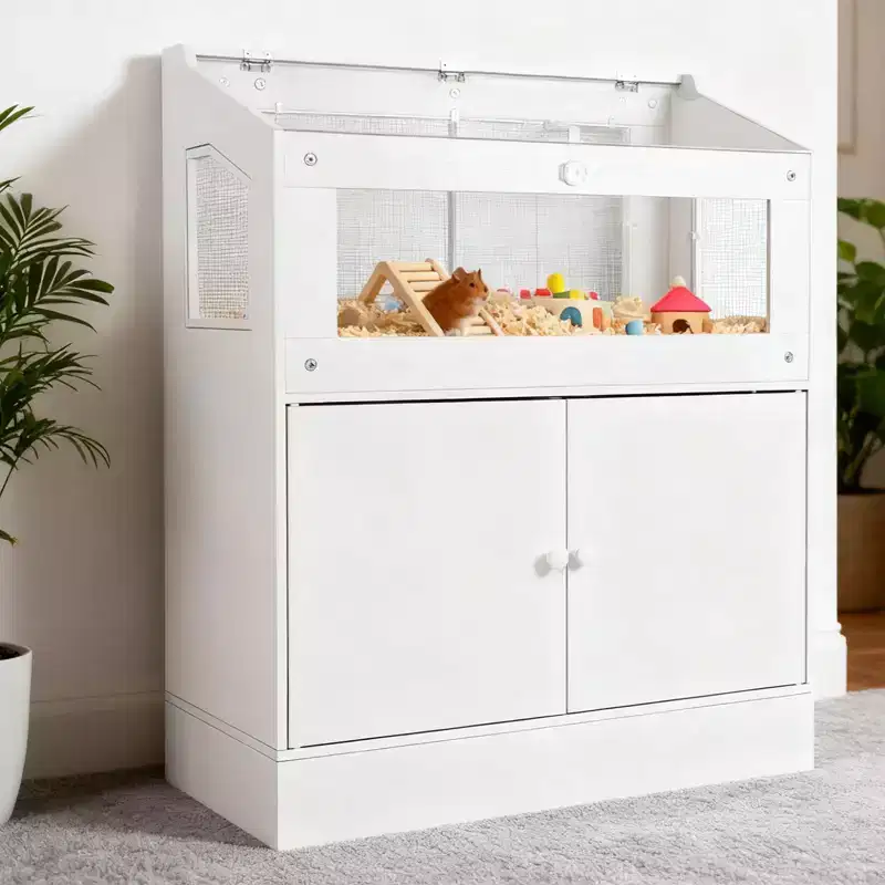 Hamster Cage, Small Animal Cage with Storage Cabinet, Large Small Animal Habitat with Easy-View Acrylic Panels & Ventilation, Animal Cage