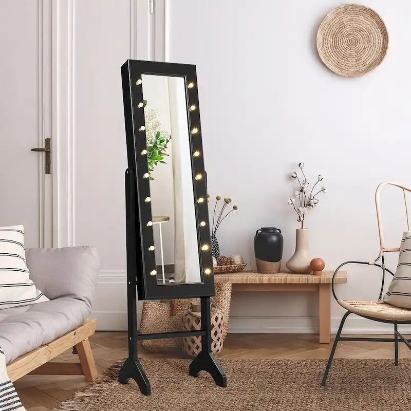 Mirrored Jewelry Cabinet Organizer w/18 LED lights Black