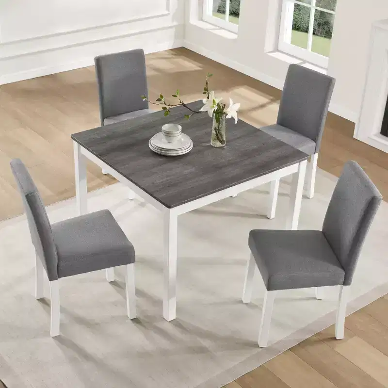 GDFStudio Roseanne 5 Piece Modern Rubberwood Dining Table Set with 4 Linen Upholstered Chairs