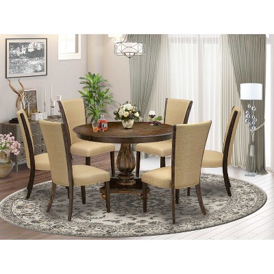 HomeStock 7-Piece Distressed Jacobean Finish Solid Wood Top Dining Table with 6 Parson Chairs