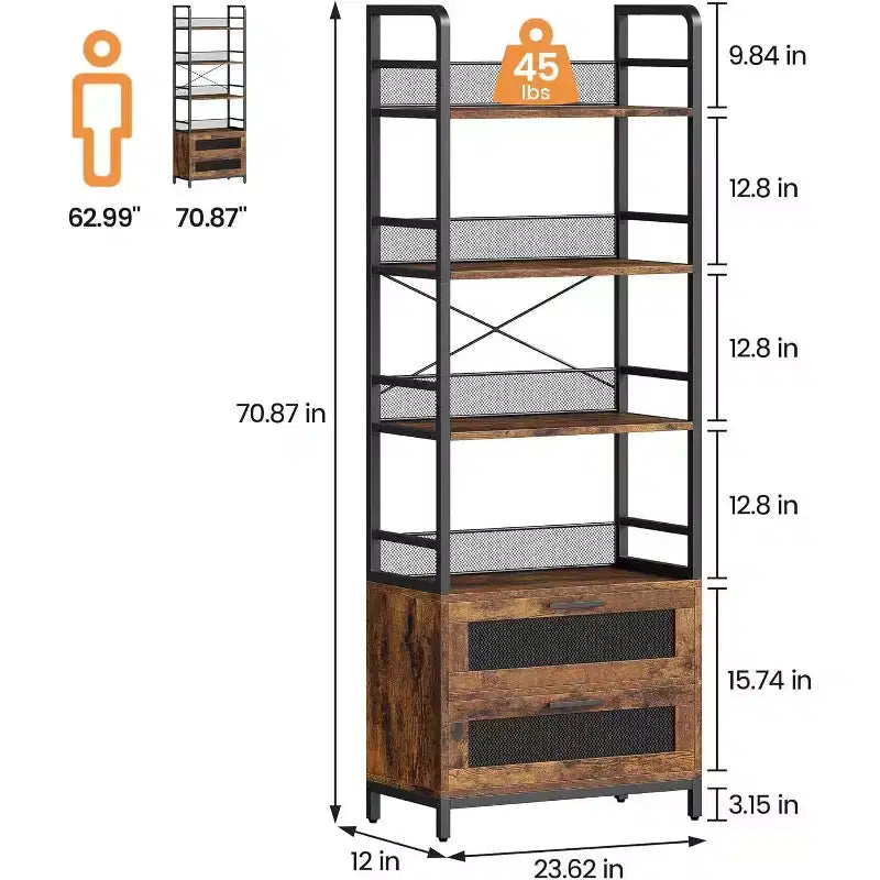 70.9 Industrial Bookshelf with Drawers, 4-Tier Rustic Bookcase for Living Room, Bedroom, Home Office, Brown
