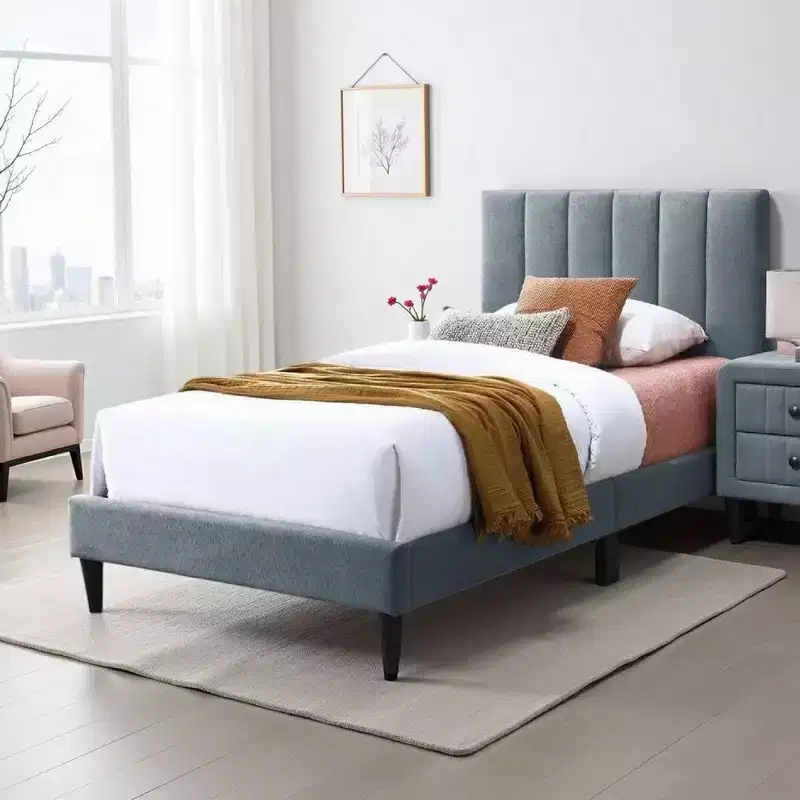 Twin Bed with Channel Tufted Headboard, Soft Light Gray Linen Upholstery