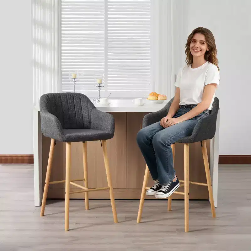 Zeus & Ruta Modern Linen Upholstery Bar Stools Set of 2 with Back, Armrest & Wood Legs, Kitchen Island Height
