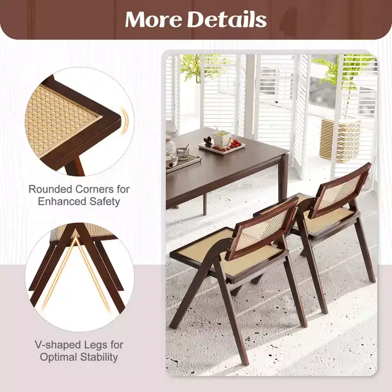 Costway Foldable Dining Chairs Set of 2/4 with Woven Rattan Backrest & Seat Rubber Wood Frame Brown