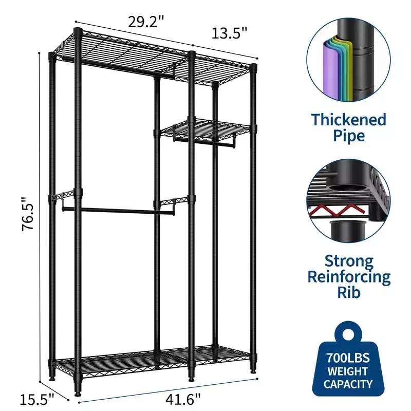Clothes Rack Closet Organizer with Hanging Rods and Storage Shelves, Freestanding Metal Wardrobe Rack for Bedroom or Laundry Room