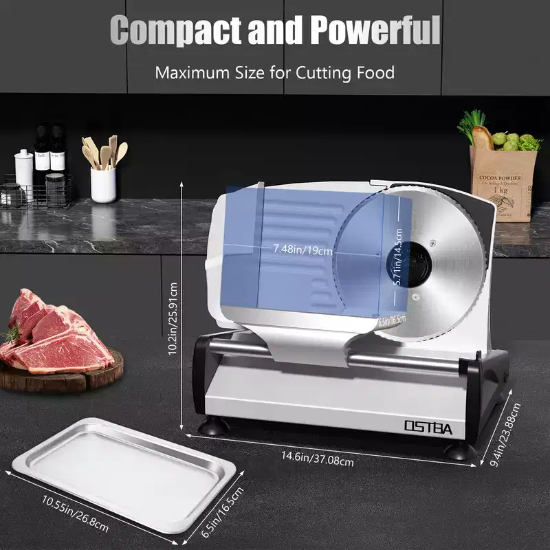 OSTBA 200W Electric Meat Slicer, Dual 7.5 Stainless Steel Blades, Quiet DC Motor, 0-15mm Adjustable, Easy to Clean for Meat, Cheese, Bread & Veggies