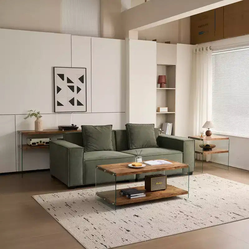 JVNOXK Modern Simple MDF Coffee Table with Walnut Tempered Glass, Side Table for Living Room