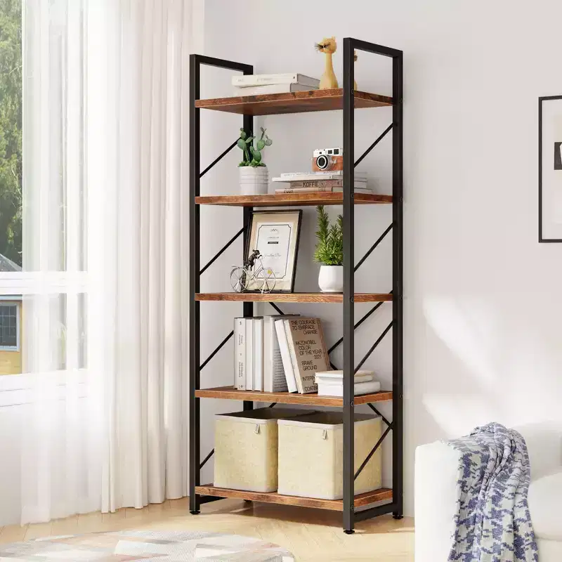 62.2 H x 23.6 W 5 Tiers Bookshelf, Tall Wooden Bookcase with Metal Frame, Modern Book Rack, Storage Shelves for Home Office