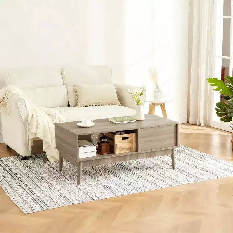 39.4 Modern Farmhouse Coffee Table C Natural Wood, Rustic Fluted MDF Design with Open Shelf & Drawer Storage C Perfect for Living Room (1-Pack)