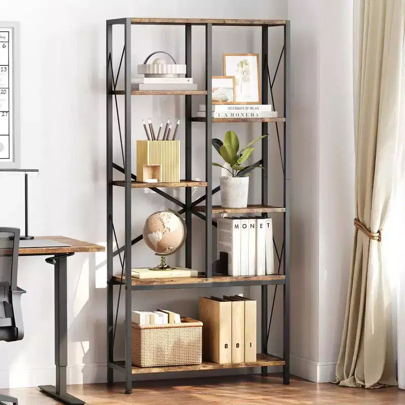 Coolmee Industrial Bookshelf, Split Level Vintage Storage Bookcase Tall Standing Metal Frame Open Display Racks for Bedroom, Living Room