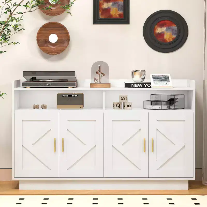 Okak Sideboard Cabinet, Bufft Cabinet with 4 Doors and 2 Drawers, Metal Handle, Storage Cabinet for Living Room, Dining Room, Kitchen