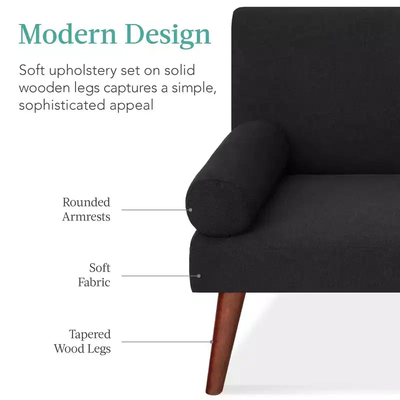 Best Choice Products Fabric Upholstered Convertible Futon w/ Rounded Armrests, Wooden Legs, 2 Cupholders
