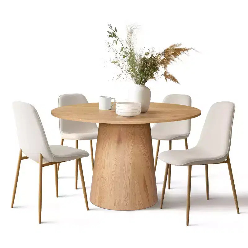 5-Piece Oak Round Dining Table Set, 46 Pedestal Table with 4 Upholstered Dining Chairs, Modern Dining Room Furniture-Panipeachy