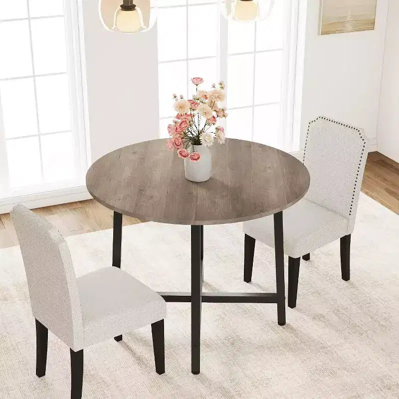 31.5in Round Kitchen Table For Small Spaces, Modern Farmhouse Dining Table With Steel Frame And Water Resistant Wood Top For Apartment Studio