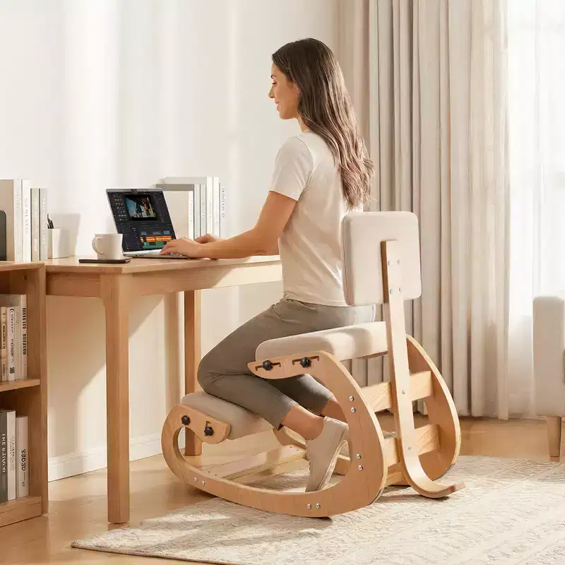 VEVOR Ergonomic Kneeling Chair, Wooden Posture Knee Chair with Adjustable Thick Foam Cushions, Backrest and Wood Frame, Adjustable Height, Off-white