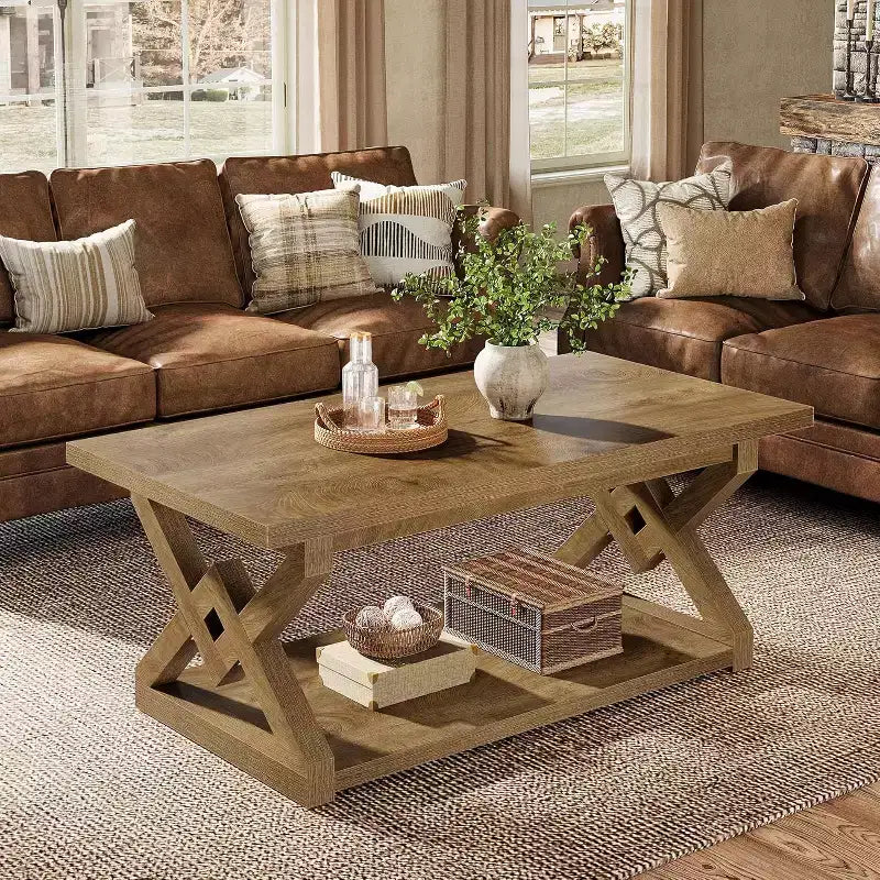 Lantine 2-Tier Coffee Center Table for Living Room, 47.24-Inch Farmhouse Tea Cocktail Table, Easy Assembly