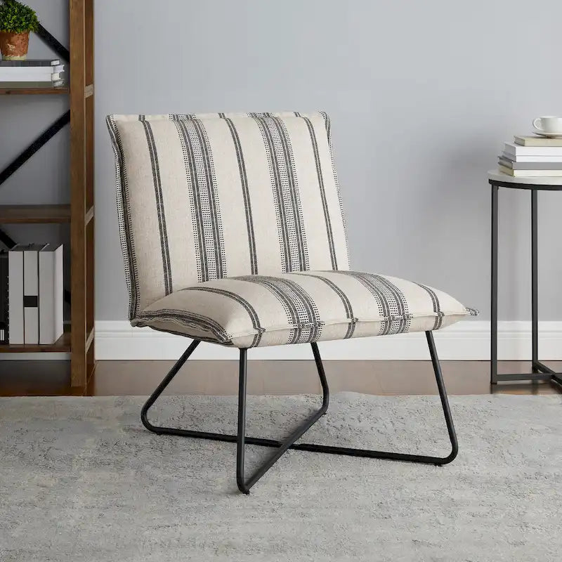 Pillow Accent Chair | Black Stripe Tan Fabric | Metal Wire Base | 26.5W Seat | Modern