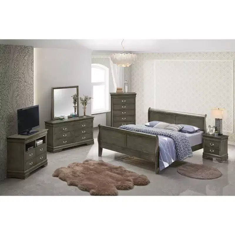 Passion Furniture Louis Philippe King Sleigh Wood Bed with High Footboard