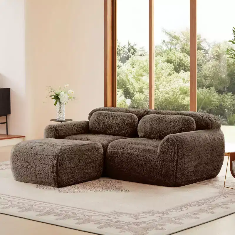 80.3 inch Light Khaki Plush Fabric Boneless Sofa With Throw Pillows and Ottoman 32D High Density Sponge for Living Rooms