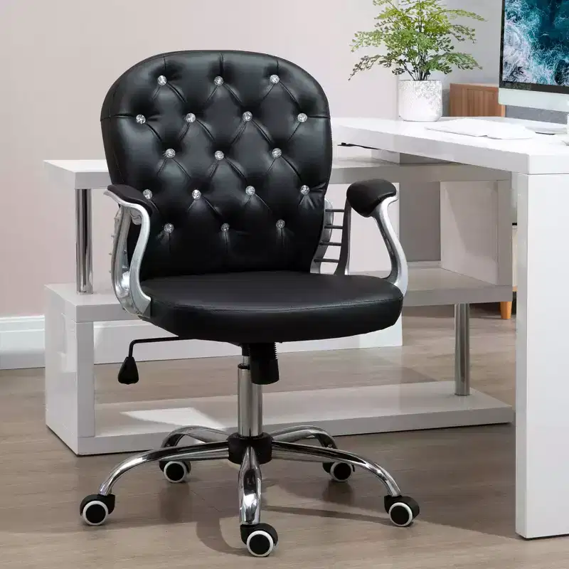 Velvet Home Office Chair, Button Tufted Desk Chair with Padded Armrests, Adjustable Height and Swivel Wheels