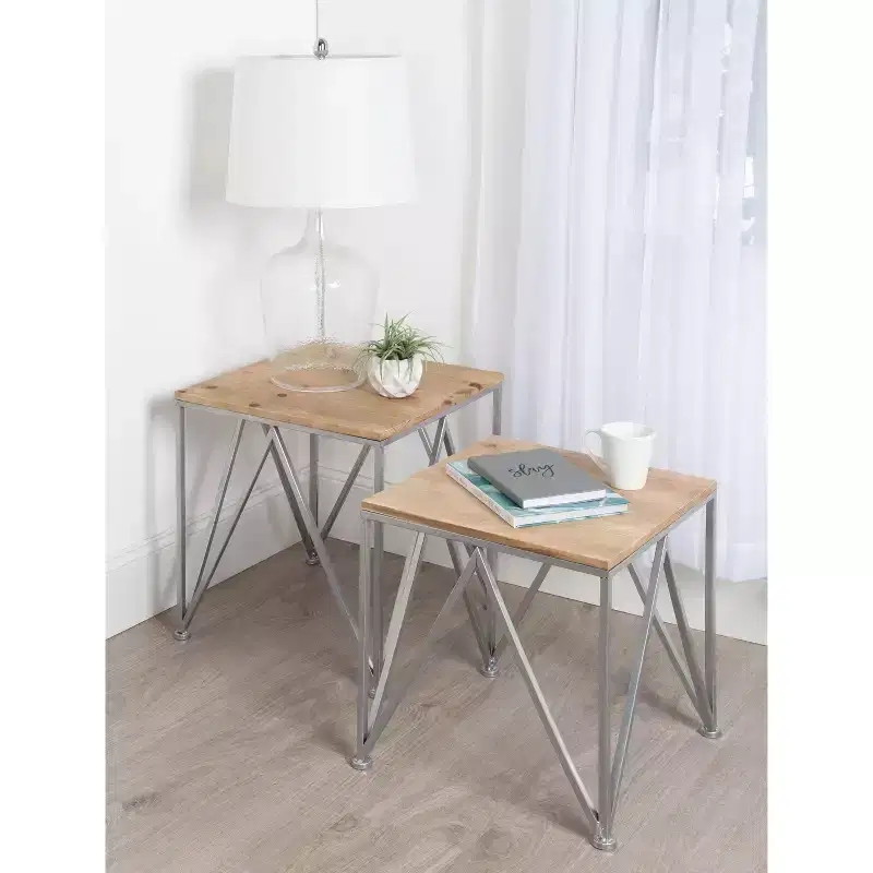 Kate and Laurel Uzma Square Metal Nesting Table, 2 Piece, Silver