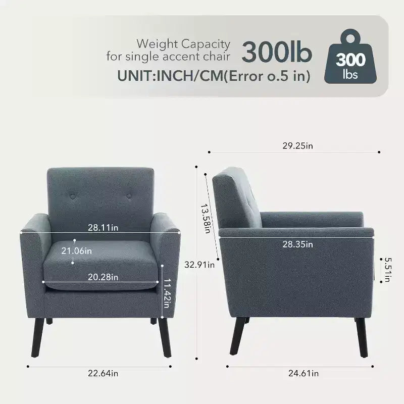 Acekool Fabric Accent Chair with Wood Legs, Mid-Century Modern Armchair for Living Room, Bedroom, Apartment