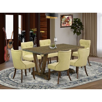HomeStock 7-Piece Rectangle Distressed Jacobean Finish Solid Wood Top Dining Table with 6 Parson-Chairs