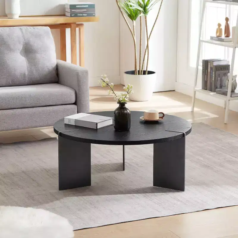 Round Coffee Table with Walnut Wood Top and Black Metal Base, Modern Centerpiece for Living Room