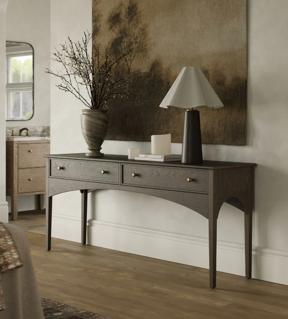 Console Espresso ¨C Deep Espresso Oak Buffet with Brass Hardware, Architectural Lines, Versatile 72W Console for Entryway or Living Space, 72W x 18D x 31H
