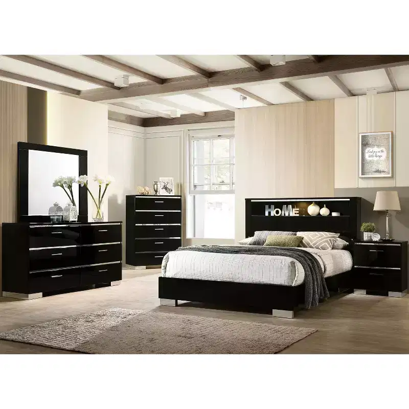 3pc Queen Shorehaven Bedroom Set with 2 Nightstands Black/Chrome - miBasics: Modern Furniture, USB Port Bookshelf