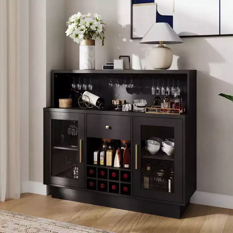 Premium 2-Tier Wine Bar Cabinet with Glass Doors & Storage Drawers - Versatile Home Bar Furniture for Kitchen, Dining Room, Office, Game Room
