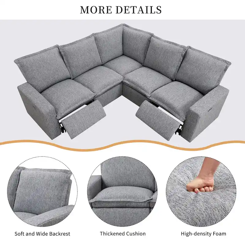 L-Shaped 5-Seater Power Recliner Sofa with USB Port