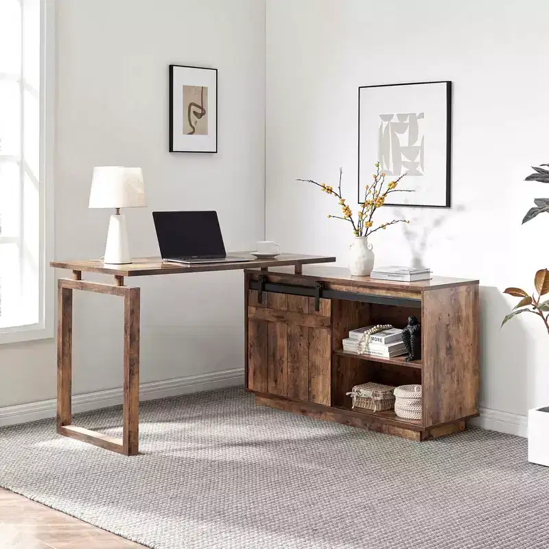 TUYOHW 47.25 L-Shaped Desk,Workstation with Sliding Barn Door Credenza,Reversible Home Office Desk,Finished Back Floating Workstation