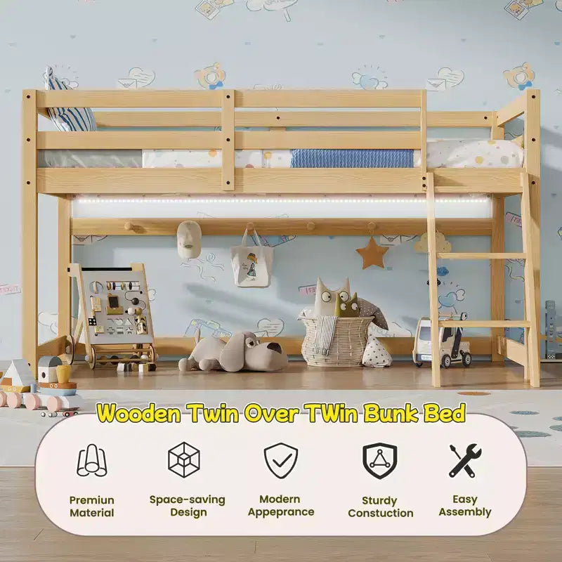 VIYET 76 Kids Twin Low Loft Bed (Convertible to Bunk Bed), Solid Pine Wood Frame w/ LED Strip Lighting & 6 Hooks, Oak