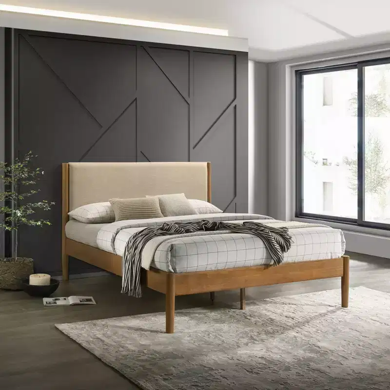Roundhill Furniture Vichy 2-Piece Rubberwood Bedroom Set, Platform Bed with Nightstand