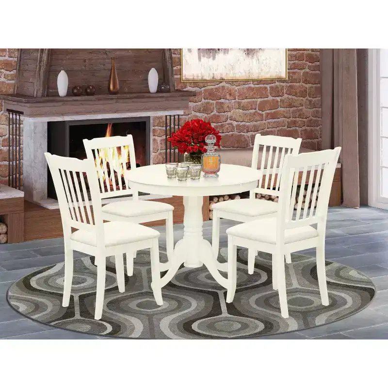 HomeStock 5-Piece Round Linen White Finish Solid Wood Top Dining table with 4-Chairs with Slat Back