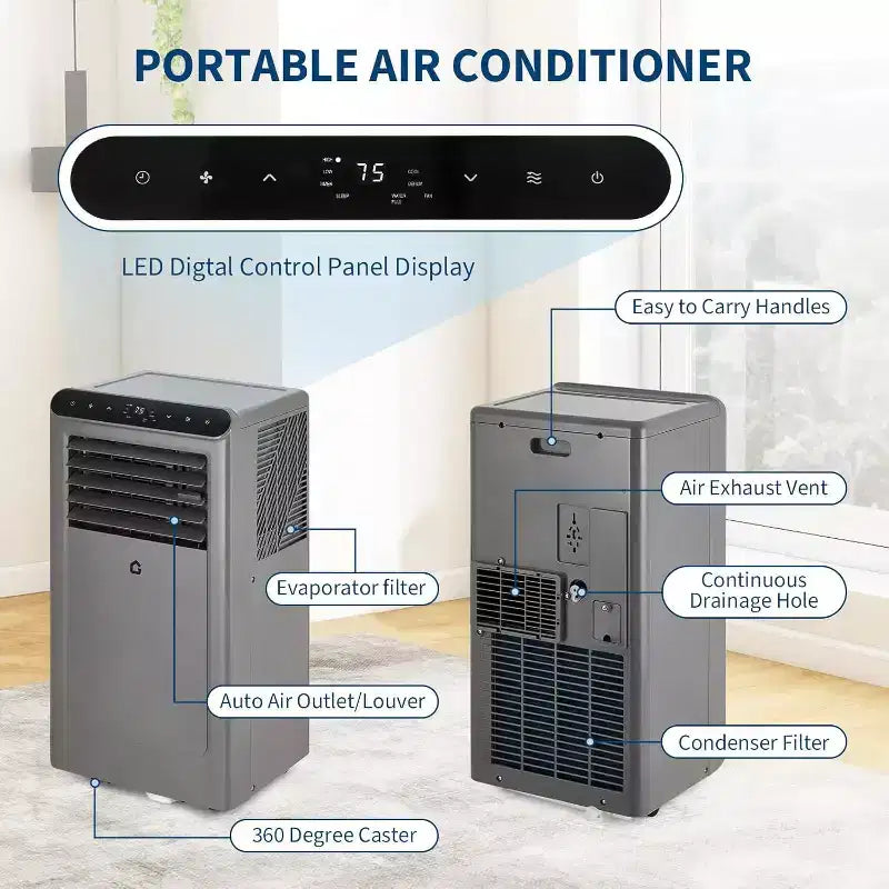 Acekool 8,000 BTU Portable Air Conditioner, 4-in-1 AC Dehumidifier Fan Sleep Mode, Remote, Timer, Window Kit, for Rooms up to 350 Sq. Ft, Grey