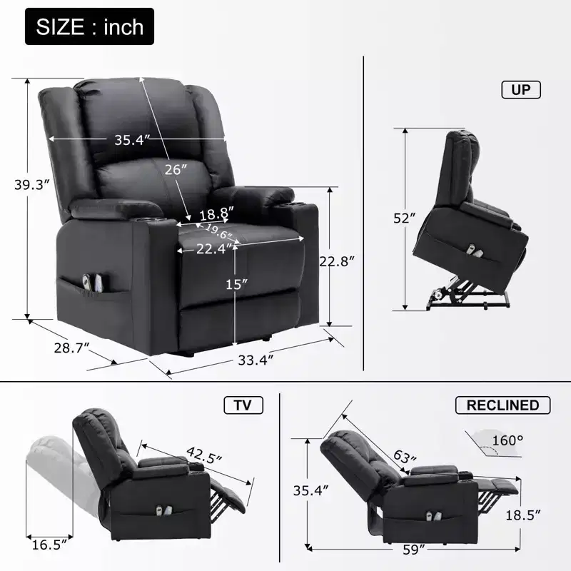 COMHOMA Massage Recliner Chair PU Leather Sofa Power Lift Chair Black