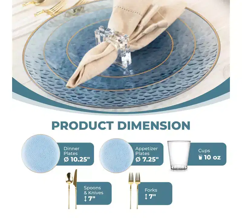 Posh Setting 140 Piece Blue And Gold Plastic Party Bundle - Organic Hammered (20 Settings)