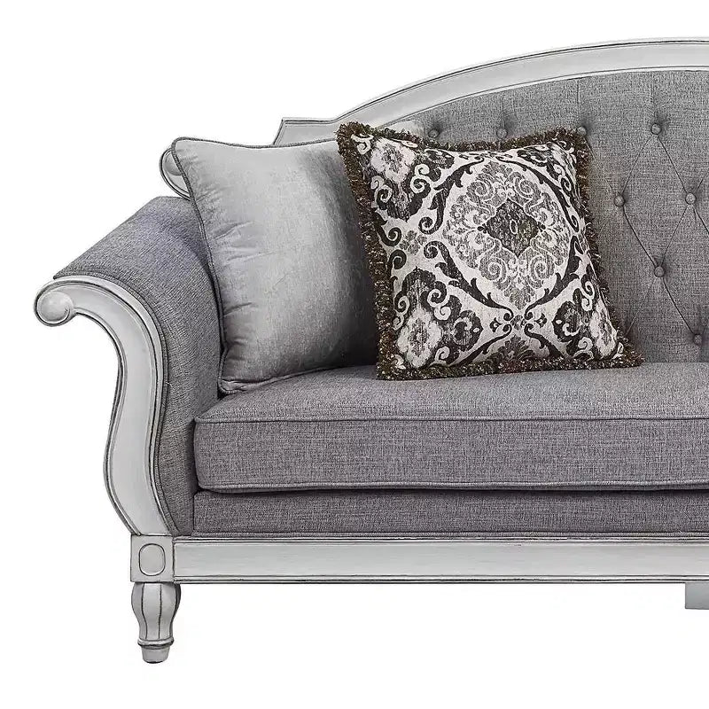 88" Florian Sofa Gray Fabric and Antique White Finish - Acme Furniture: Leather Upholstery, Wood Frame, Includes Accent Pillow