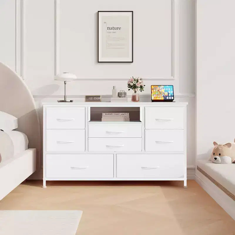 8-Drawer Dresser TV Stand with Power Outlets & RGB LED Lighting, White Leather, Wood Top, Fits 55 TV, Deep Fabric Drawers, for Bedroom/Living Room