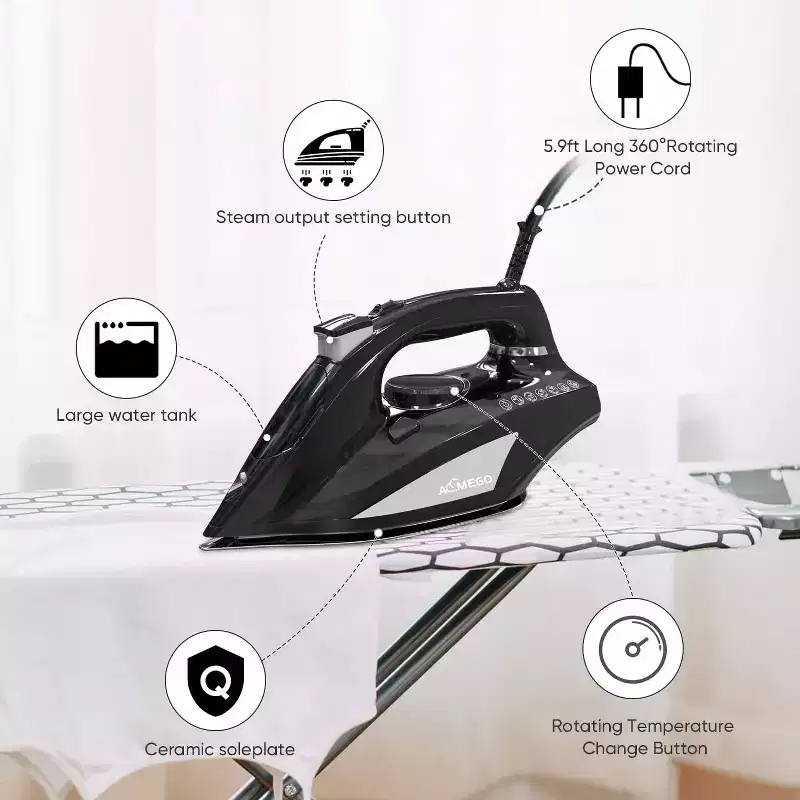 Aemego Steam Iron for Clothes Portable Anti Drip Clothes Iron Steam Black