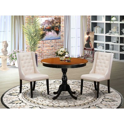3-Piece Black and Cherry Finish Solid Wood Top - Button Tufted Dining Room Set - Seats-4