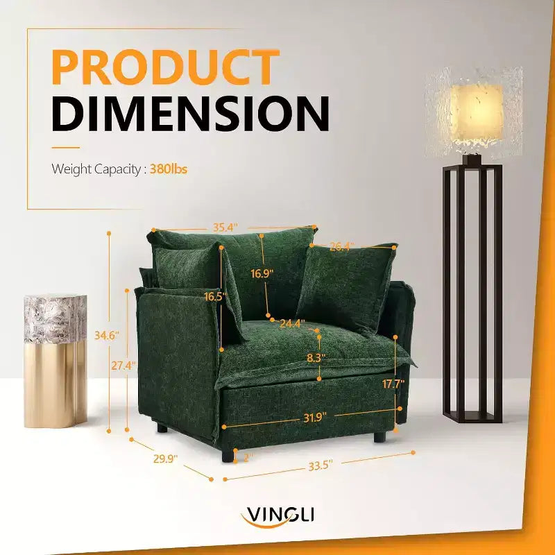 VINGLI Accent Chairs , Green 34 Width Oversized Reading Chair Upholstered Armchair Soft Chenille Fabric Living Room Chairs Sofa